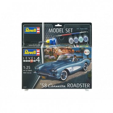 KIT PARA MONTAR REVELL MODEL SET CARRO CORVETTE ROADSTER 1958 1/25 137 PEÇAS COMPLETO COM TINTAS COLA E PINCEL REV 67037